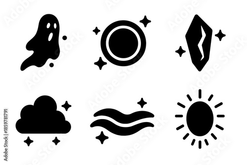 Ethereal Phenomena Icons. Solid style icons of ethereal phenomena in : spectral mist, neon glow, floating shard, luminous cloud,