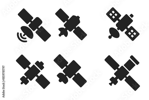 Orbital Satellite Icons. Solid style icons of orbital satellites in : communication satellite, weather satellite, GPS satellite,