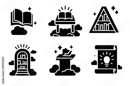 Surreal Knowledge Icons. Solid style icons of surreal knowledge landscapes in : floating book, glowing desk, prism shelf, radiant