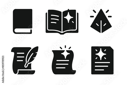Magical Knowledge Icons. Solid style icons of magical knowledge in : book, glowing page, prism manuscript, radiant quill, ethereal