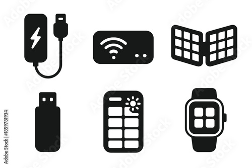 Portable Tech Icons. Solid style icons of portable tech: power bank cable, portable router, foldable keyboard, USB stick, solar