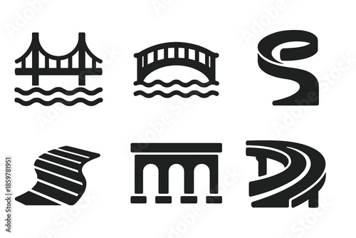Iconic Bridges & Pathways. Solid style icons of bridges & pathways: suspension curve, footbridge ripple, spiral ramp, boardwalk