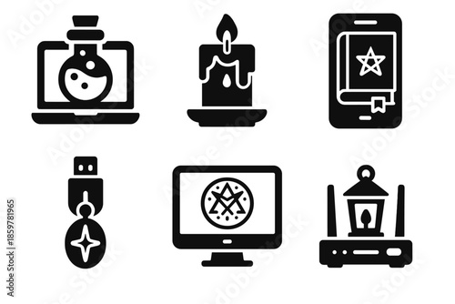 Tech Ritual Icons. Solid style icons of tech rituals: potion laptop, candle tablet, spellbook smartphone, charm USB, sigil monitor