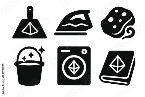 Magical Cleaning Icons. Solid style icons of magical household tools: dustpan prism, iron wave, sponge swirl, bucket sparkle,