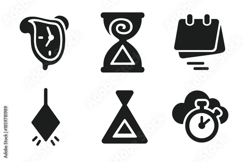 Surreal Time Icons. Solid style icons of surreal time: melting clock, spiral hourglass, floating calendar, prism pendulum, prism