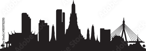 Bangkok city skyline silhouette featuring famous wat arun, modern high-rises, and the rama viii bridge, illustrating thai urban landscape.