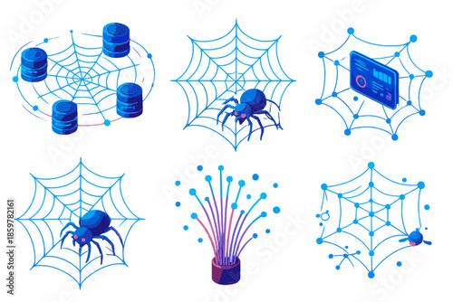 Futuristic Spiderweb Networks. Isometric vector illustration set Spiderwebs mapping internet connections: glowing spiderweb