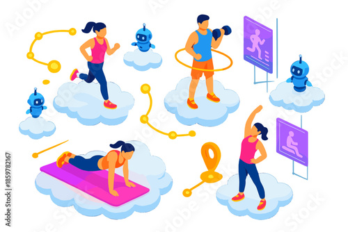 Cloud Fitness Pathways. Isometric vector illustration set Clouds shaping exercise routines: orbiting fluffy cloud platforms