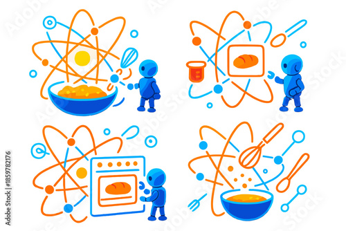 Subatomic Bread Baking. Isometric vector illustration set Subatomic particles baking bread: orbiting glowing atoms mixing luminous