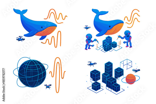 Floating Whales' Symphony. Isometric vector illustration set Whale songs designing architecture: floating whales with luminous