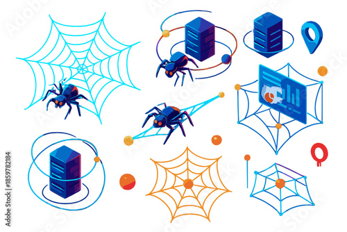 Holographic Data Web. Isometric vector illustration set Spiderwebs mapping internet connections: floating glowing spiderwebs