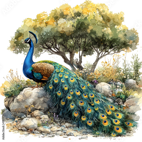 Peacock Resting, illustration watercolor with dynamic strokes and balanced color harmony, isolated on a white background.