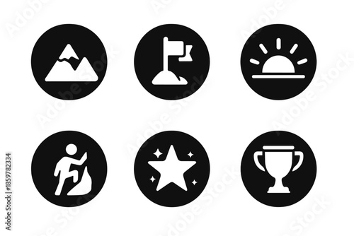 Achievement Icons. Solid style round vector icons of achievement: mountain peak, victory flag, sunrise, climber, shining star,