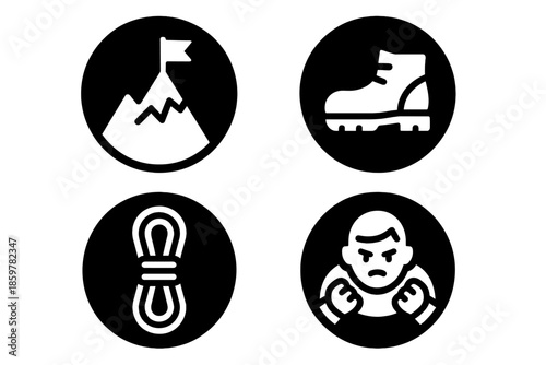 Perseverance Icons. Solid style round vector icons of perseverance: steep mountain, flag symbol, boots, climbing rope, top view,