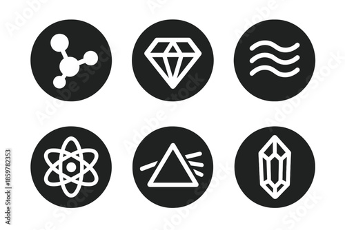 Science and Art Icons. Solid style round vector icons of science and art: molecule model, gem shape, energy flow, atomic orbit,