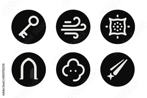 Mystical Key Icons. Solid style round vector icons of unlocking mystery: ancient key, drifting fog, glowing pattern, shadow gate,