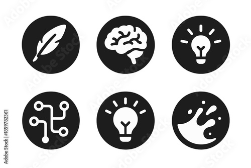 AI Creativity Icons. Solid style round vector icons of AI creativity: feather pen, human brain, glowing neural lines, circuit