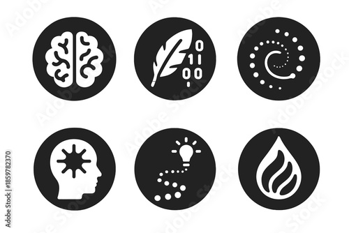 Machine Imagination Icons. Solid style round vector icons of AI creativity: feather pen, human brain, glowing neural lines,