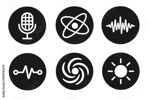 Scientific Audio Icons. Solid style round vector icons of scientific audio: microphone grid, planetary orbit, sound pulse, signal
