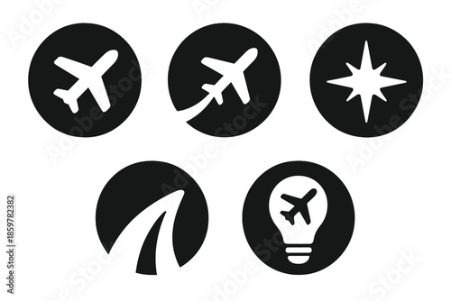 Minimalist Flight Icons. Solid style round vector icons of endless inspiration: minimalist plane, air trail, floating spark, open