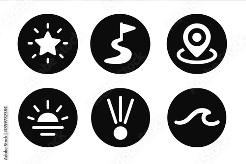 Achievement Icons. Solid style round vector icons of achievement and direction: luminous star, milestone path, goal marker,