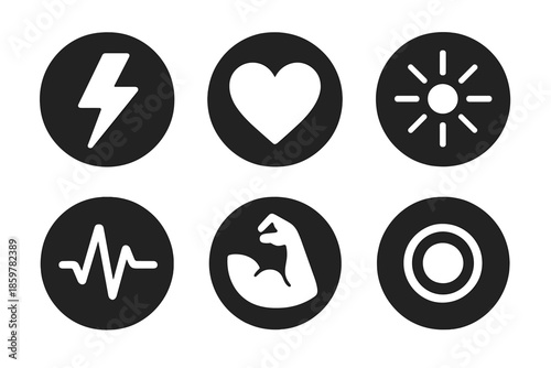 Motivation Icons. Solid style round vector icons of motivation and drive: lightning flash, vibrant heart, energy burst, pulse
