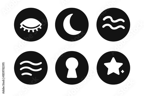 Dream Icons Collection. Solid style round vector icons of dreams and subconscious: closed eye, moon, wave, mist, keyhole, floating