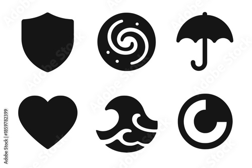 Icons of Protection and Wonder. Solid style round vector icons of protection and wonder: shield, galaxy, umbrella, heart, wave,