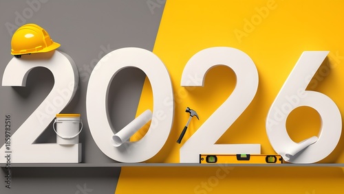 Creative 2026 New Year design template on engineering, construction and maintenance theme. 3d render illustration for a greeting card, calendar or banner.