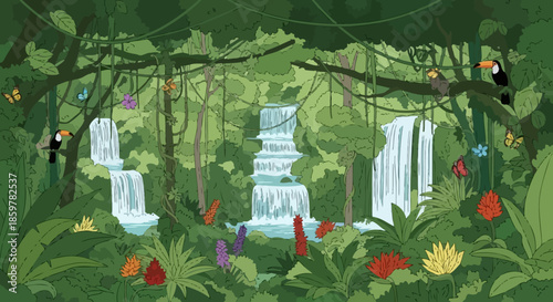 Vibrant illustration of a lush tropical jungle with multiple cascading waterfalls, exotic birds, and colorful butterflies amidst dense green foliage.
