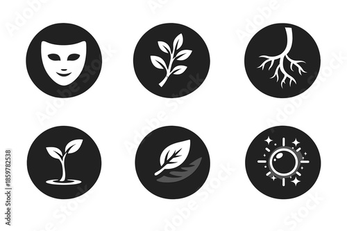 Identity and Growth Icons. Solid style round vector icons of identity and growth: mask, branch, root curve, plant stem, shadow