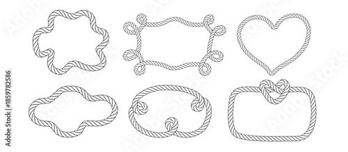 Nautical rope frames in various shapes circles, ovals, rectangles. Vector borders with braided knots perfect for maritime logos, sailor themed designs, and decorative rope elements.