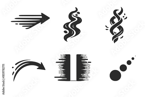 Abstract Motion Icons. Solid style icons of abstract movement: linear pull, smoky flow, twisted string, arc motion, blurred gate,