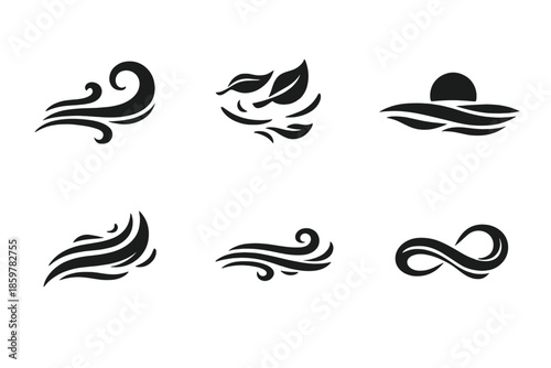 Organic Motion Icons. Solid style icons of organic motion: wind swirl, leaf drift, horizon band, curved flow, air stream, natural
