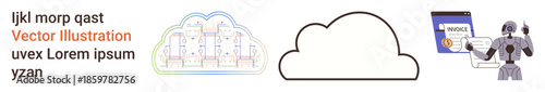 Cloud computing, AI integration, automation, finance technology, digital billing, innovation. A cloud icon, a robot and a financial invoice. Cloud computing and AI integration focus