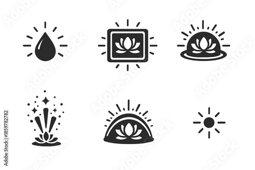 Meditative Light Icons. Solid style icons of meditative illumination: light drop, steady frame, diffused halo, slow beam, peaceful