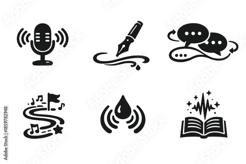 Audio Narration Icons. Solid style icons of Audio Narration: voice stream, ink curve, dialogue flow, tone path, echo drop, story