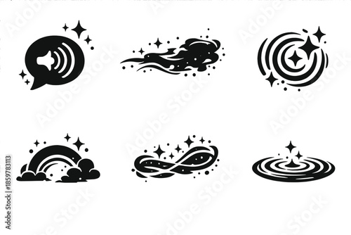 Hidden Voice Icons. Solid style icons of Hidden Voice: voice flare, dust veil, sound pulse, obscured arc, luminous thread, soft