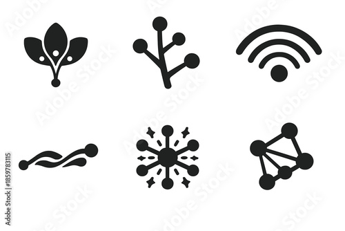 Natural Icons Fusion. Solid style icons of Natural Computation: petal node, branch thread, signal arc, flowing line, luminous
