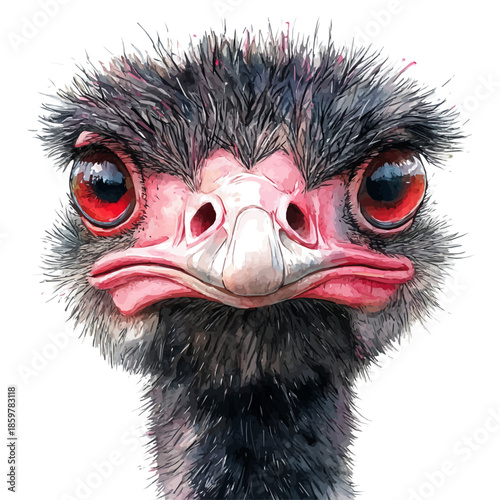 Ostrich Observing, refined watercolor illustration with luminous tones and soft layered brushwork, isolated on a white background.