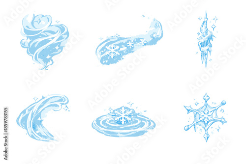 Ethereal Freeze Icons. Solid style icons of Ethereal Freeze: mist mesh, flake path, frozen thread, airy arc, snow ripple, delicate