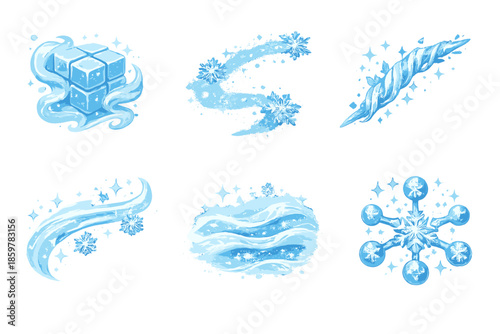 Frozen Flow Icons. Solid style icons of Frozen Flow: mist grid, flake path, icy thread, airy arc, snow ripple, delicate node No