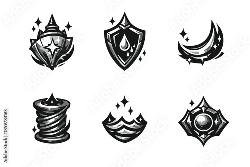 Radiant Guard Icons. Solid style icons of Radiant Guard: glint shell, rain mark, luminous arc, reflective thread, water line,