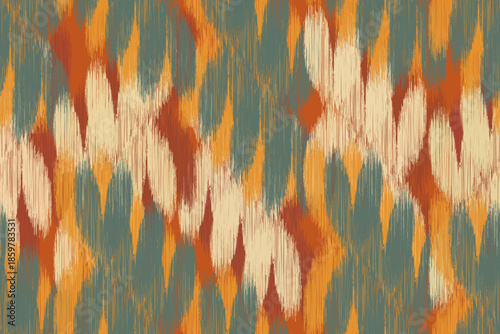 Seamless Ikat fabric pattern with tribal geometric patterns. Traditional abstract zigzag art on woven fabric. Warm earth tone background. Suitable for wallpaper, textile design and digital backgrounds