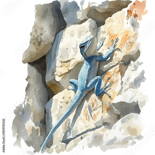 Lizard Climbing, watercolor with intricate brush textures and gentle highlights, isolated on a white background.