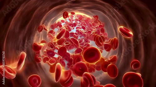 Red blood cells flowing through human artery tunnel with dynamic circulation motion rich biomedical detail and dramatic internal lighting
