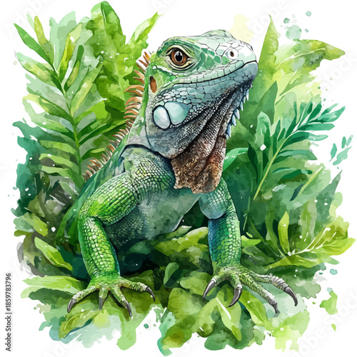 Iguana Observing, illustration watercolor artwork with subtle gradients and elegant contours, isolated on a white background.