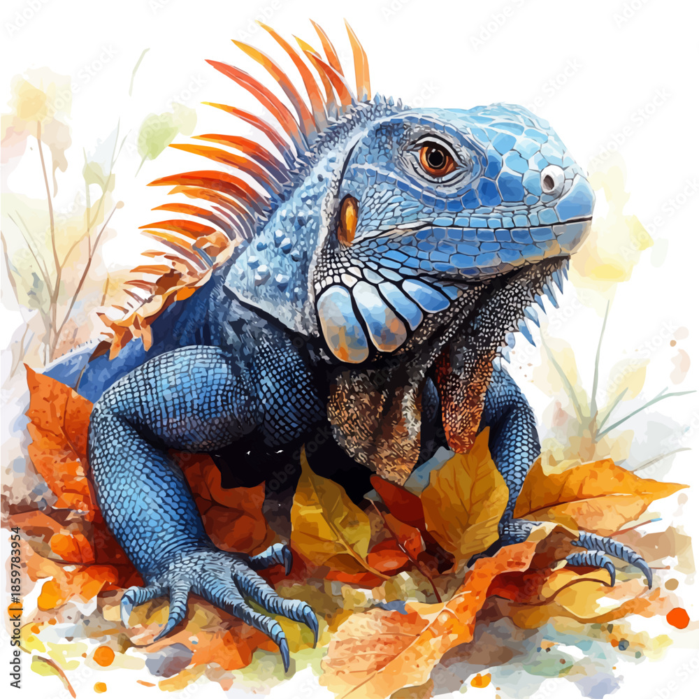 Obraz premium Iguana Eating, illustration watercolor artwork with subtle gradients and elegant contours, isolated on a white background.