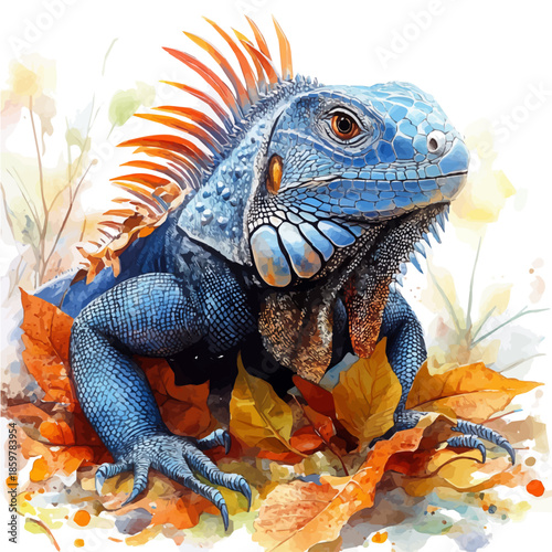 Iguana Eating, illustration watercolor artwork with subtle gradients and elegant contours, isolated on a white background.