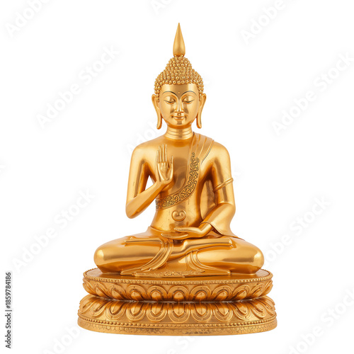 Golden Buddha Statue in Seated Pose With Hands in Meditation in a Simple Home...